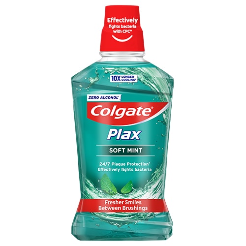 Colgate Plax Mouthwash Soft Mint (250ml) offers 24/7 plaque protection and is fluoride-enhanced for gum disease prevention. It has Zero Alcohol, uses CPC to fight bacteria effectively, and comes in light green with a vibrant red cap.
