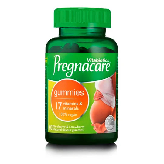The green bottle of Vitabiotics Pregnacare Gummies contains 60 gummies with 17 essential vitamins and minerals. These pregnancy supplements are vegan, feature a pregnant woman on the label, and offer Blueberry & Strawberry Natural Flavour with folic acid for maternal health.