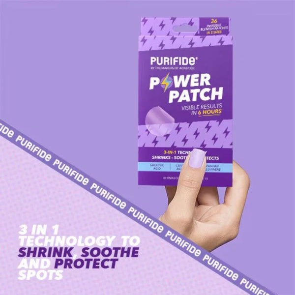 A purple background highlights the Purifide Power Patch (36 patches) with 3-in-1 technology to shrink, soothe, and protect spots, delivering visible results in 6 hours. The spot patches feature Salicylic Acid, with text displayed in white and yellow.