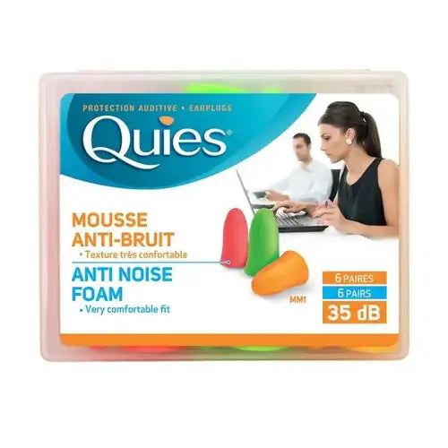 The Quies Ear Protection Foam (6PAIRS) offers 35 dB noise reduction, depicted with a man and woman working on computers. These silicone earplugs ensure tranquility with text in English and French.