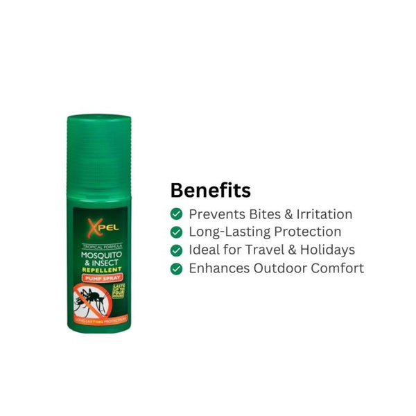 Xpel Mosquito and Insect Repellent Pump Spray (70ml) by Xpel features a green bottle and label, making it perfect for outdoor activities while providing reliable protection against mosquitoes and insects.