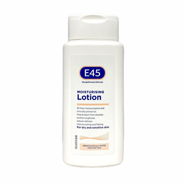 A 200ml white bottle of E45 Moisturising Lotion for dry, eczema-prone skin, with blue and peach labeling, flip-top cap, offers 24-hour moisture and is perfume-free. Brand: E45.