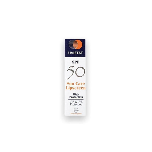 A white box of Uvistat Lipscreen SPF50 (5g) by Uvistat, formulated for sensitive skin. The packaging highlights high UVA/UVB protection, EU compliance, and features blue and orange text.
