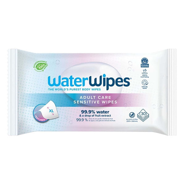 Waterwipes Adult Care Wipes pack, perfect for sensitive skin, comprises 30 wipes. Made with 99.9% water and a touch of fruit extract, they are dermatologically approved and biodegradable.