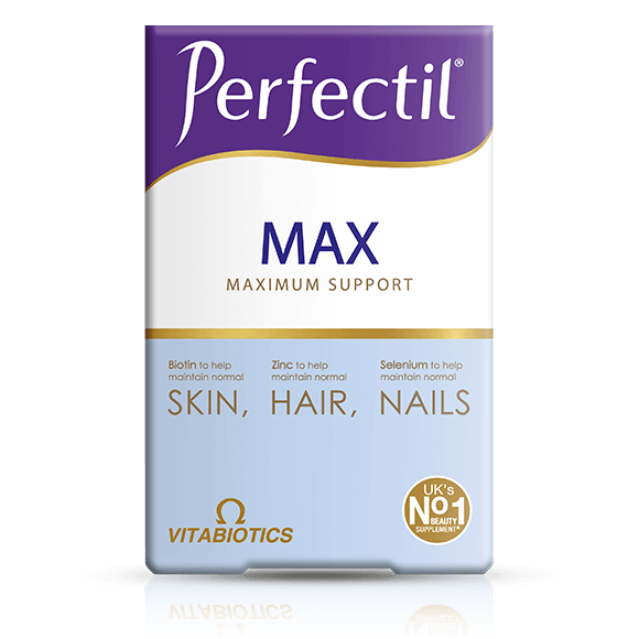 Vitabiotics Perfectil Max Support Dual pack (56 tablets/28 capsules) offers advanced nutritional care for skin, hair, and nails. The packaging features purple, white, and blue colors with gold accents.