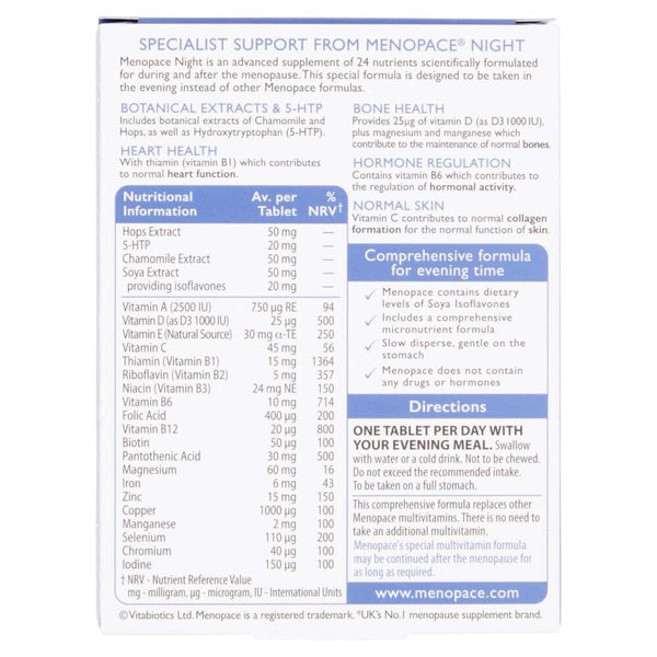 The back of a Vitabiotics Menopace Night (60 Tablets) box shows nutritional info, ingredients, evening use directions, and menopause and bone health benefits in clear sections with blue, white, and purple text.