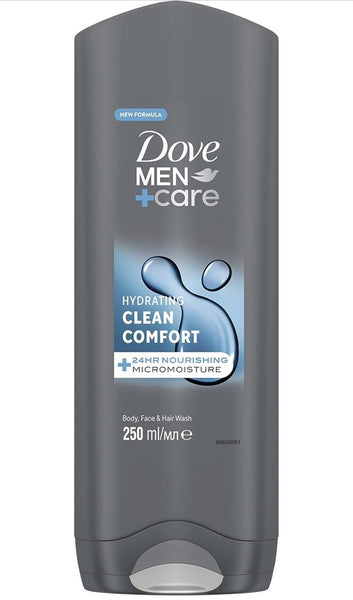 Dove Men Care Hydrating Clean Comfort Wash (250ml) by Dove features a hydrating formula for mens skin, with a gray bottle and blue label displaying water droplets and product details.