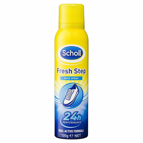 A yellow and blue 100ml Scholl Fresh Step Anti-Perspirant Shoe Spray can, featuring a sneaker illustration and text highlighting 24h odour protection and Dual-Active Formula for effective foot care.
