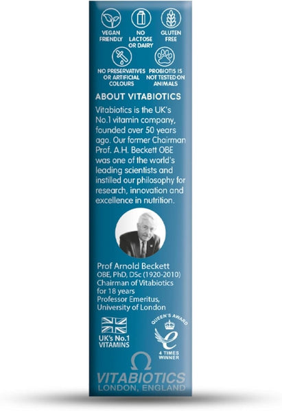 The Vitabiotics Probiotics Live Cultures (30 Vegan Capsules) pack highlights vegan, gluten free, lactose free, and preservative-free benefits. Features Prof Arnold Beckett’s photo, Vitabiotics’ history, and supports digestion with live cultures.