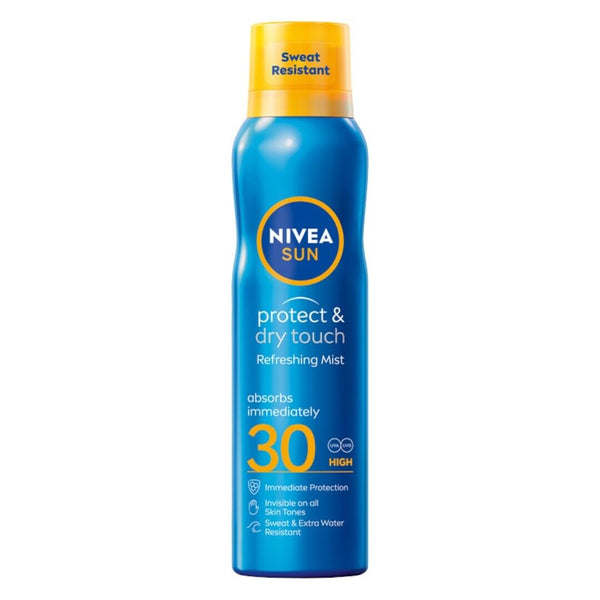 Nivea Sun Protect & Dry Touch Refreshing Mist SPF 30 (200ml) comes in a blue bottle with a yellow cap, offering immediate UVA/UVB protection and a sweat & water resistant, refreshing mist formula.