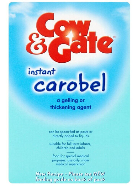 Image of Cow and Gate Instant Carobel (135g) package. This versatile product, ideal for spoon-feeding or thickening liquids, uses carob bean gum and is suitable for full-term infants, children, and adults under medical supervision.