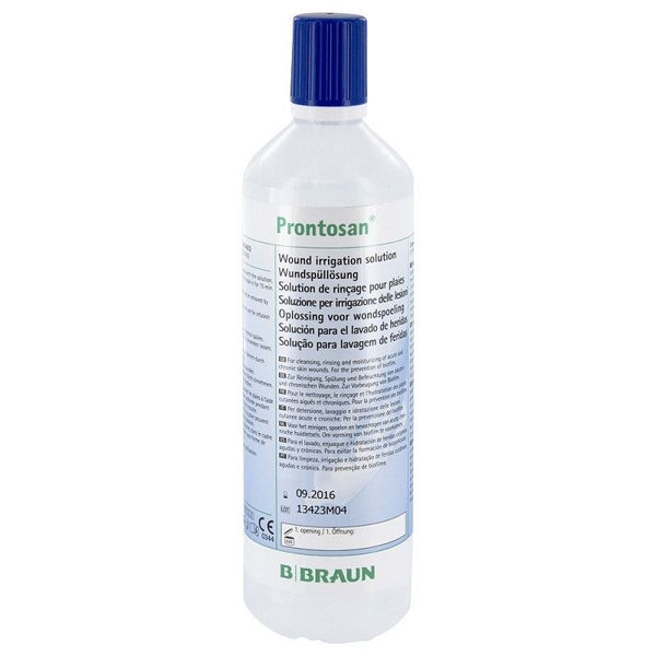 A 350ml clear Prontosan Wound Irrigation Solution bottle by Braun, featuring a blue cap and a multilingual label with product info, is designed to prevent wound infections and ideal for managing chronic skin ulcers. The bottle is primarily white.
