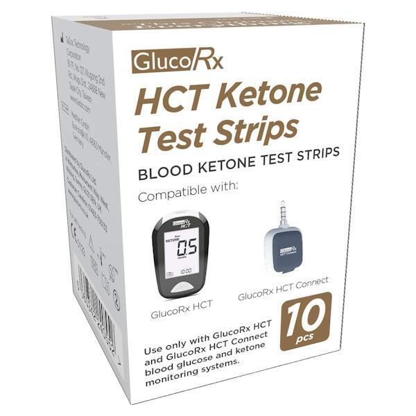 The image shows a box of GlucoRx HCT Ketone Strips (10pcs), designed for ketone level monitoring, crucial for managing Type 1 diabetes. Compatible with GlucoRx HCT and HCT Connect devices.