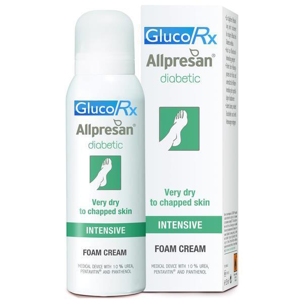 GlucoRx Allpresan Diabetic Intensive Foam Cream (300ml) by GlucoRx comes in white packaging with green and blue text plus a foot image. It’s designed for diabetic skin, providing deep hydration for very dry to chapped areas.