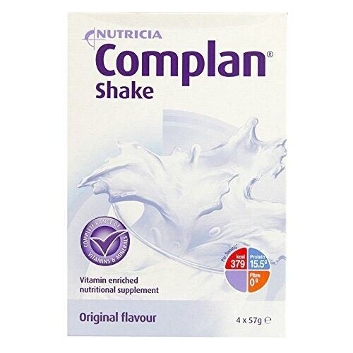 A box of Nutricia Complan Shake Original Flavour (4x57g), a gluten-free, vitamin-enriched nutritional supplement. The packaging shows a splash of milk and nutrition info.