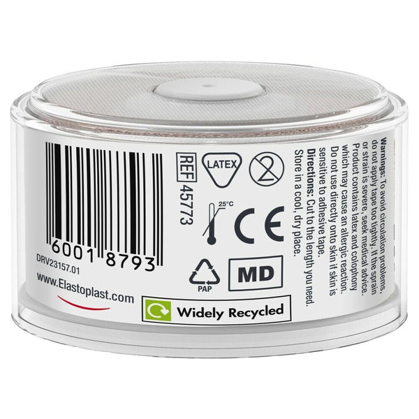 A close-up of an Elastoplast Fabric Strapping Plaster Roll (2.5cm x 3m) container, featuring barcode, recycling symbol, CE mark, temperature limit, latex symbol, and wound care instructions from Elastoplast.