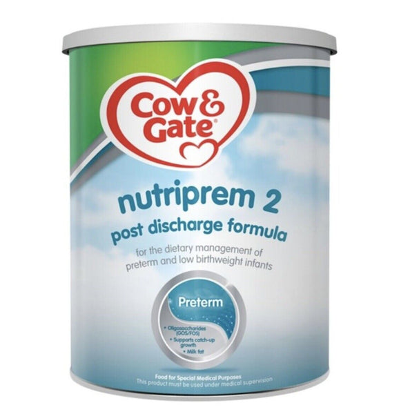 Cow and Gate Nutriprem 2 Post-Discharge Formula (800g) is designed for catch-up growth in preterm babies, featuring oligosaccharides and milk fat on a blue and white label with red accents.