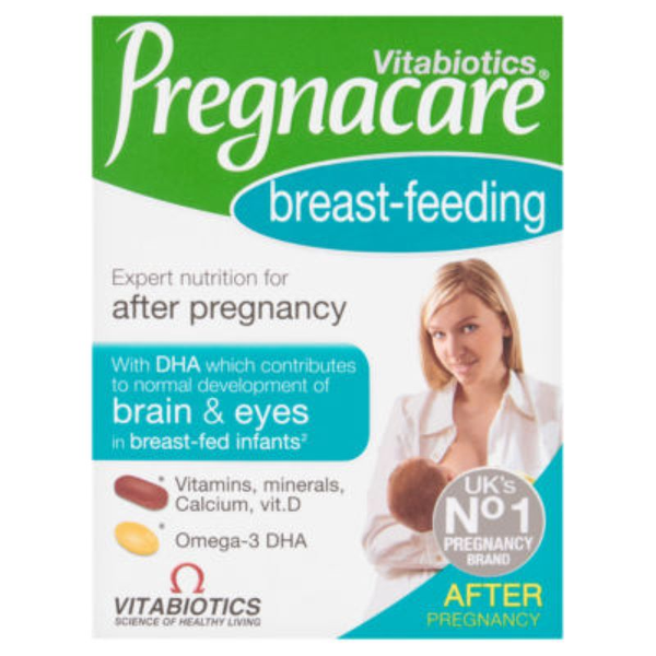 The Vitabiotics Pregnacare Breast Feeding Dual Pack (84 pack) features a joyful mother with her baby on the packaging. It highlights Expert nutrition for after pregnancy and UKs No. 1 Pregnancy Brand, containing essential vitamins, minerals, and Omega-3 DHA for breastfeeding mothers.