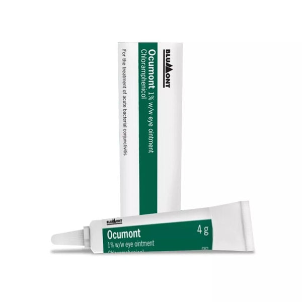 A tube and box of Chloramphenicol Eye Ointment 1% - Brand May Vary (4g) by Generic, used for bacterial conjunctivitis, are displayed on a white background. The mostly white packaging features green accents and text.