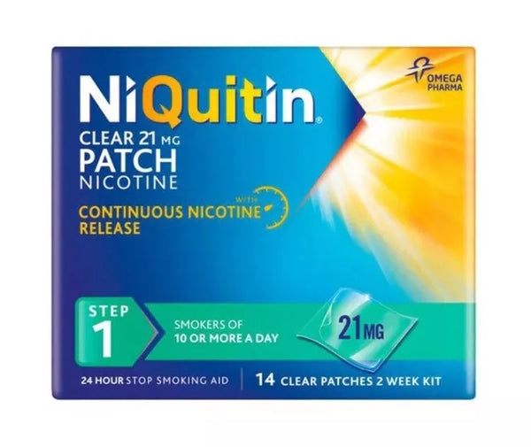 NiQuitins Omega Pharma branded 24 Hour Clear Patches, Step 1, deliver continuous nicotine release through SmartControl Technology. Each box contains 14 patches (21 mg) suitable for those smoking 10+ a day, offering a two-week supply.