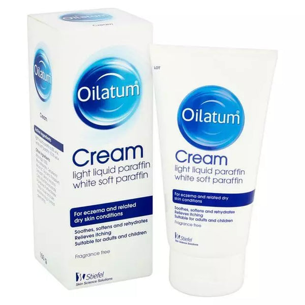 Image of Oilatum Cream (150ml), showing a tube with its box. The packaging emphasizes its formula with light liquid paraffin and white soft paraffin to soothe eczema and dry skin. Suitable for adults and children, this fragrance-free essential nurtures sensitive skin effectively.