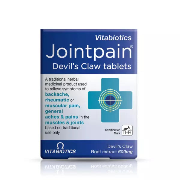 The Vitabiotics Joint Pain Devils Claw Tablets, with blue and white packaging, offer a herbal remedy for joint pain, backache, rheumatic pain, and general aches using 600mg of Devil’s Claw root extract per tablet. Contains 30 tablets.
