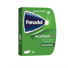 A green box of Panadol Actifast Tablets (10) features a blue and white logo, each tablet containing 500 mg of paracetamol for quick pain relief.