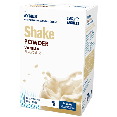 Aymes Shake Vanilla 57g (pack of 7) offers nourishment made simple. Each sachet provides 383 kcal and 19g protein, suitable for ages 6+. Its ideal for tackling disease-related malnutrition, with a creamy shake image on the package.