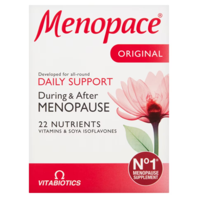 A box of Vitabiotics Menopace Original (30 Tablets), a daily menopause supplement with 22 nutrients for hormone regulation. The packaging is white and red with a pink flower graphic.
