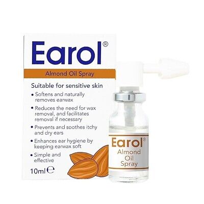 Earol Almond Oil Spray (10ml) by Earol is shown with its box, highlighting its gentle earwax softening formula, soothing relief for itchy ears, and suitability for sensitive skin.