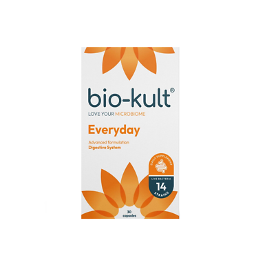 Bio-kult Everyday capsules (30) by Bio-kult feature an orange floral design and text noting an advanced formulation with 14 live bacteria strains to support gut bacteria balance and gastrointestinal health.