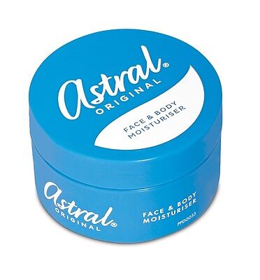 A blue 200ml container of Astral Original Face and Body Moisturiser is shown, providing intense hydration. The lid has the Astral brand name and product description in bold white text.