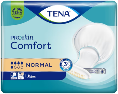 A 42-pack of Tena ProSkin Comfort Normal pads, featuring blue and green colors, Tena branding, and icons showing absorbency and advanced skin protection.