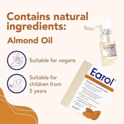 Promotional image for Earol Almond Oil Spray (10ml) by Earol, showing the product and packaging. Features natural almond oil for gentle ear care, vegan-friendly and safe for children aged 5+, ideal for maintaining healthy ears.