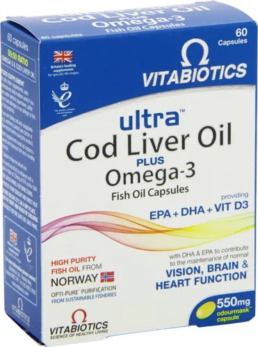 Explore Vitabiotics Ultra Cod Liver Oil - Plus Omega-3 capsules, featuring vitamins E and D. This blue pack of 60 supports vision, brain, and heart health with high-purity omega-3 from Norwegian fish oil.