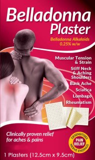 The Belladonna Plasters packaging displays highlighted pain areas on necks and shoulders, lists uses like muscular tension and sciatica, and features an image of the 12.5cmX9.5cm plaster for effective pain relief.