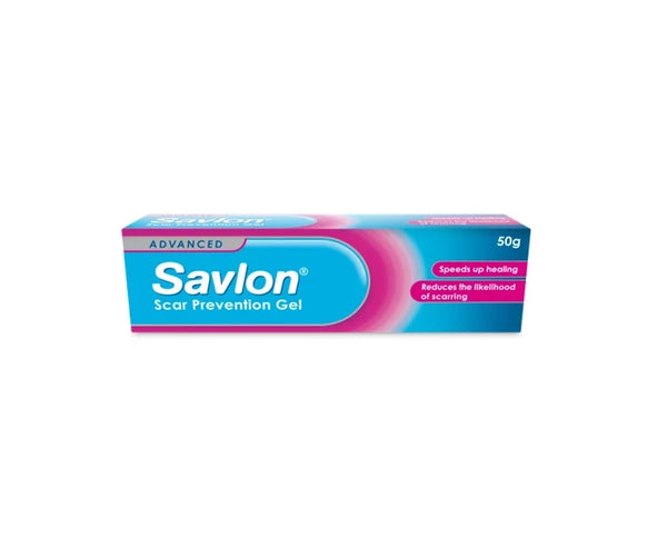A 50g box of Savlon Advanced Scar Prevention Gel by Savlon, in blue and pink packaging, features an advanced Scar Care formula that promotes faster healing and helps reduce the likelihood of scarring.