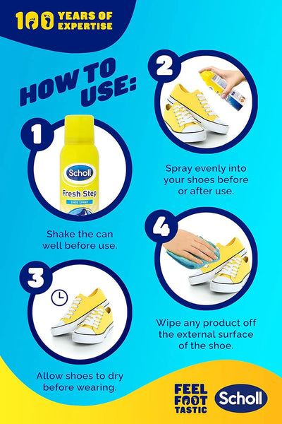 Infographic for Scholl Fresh Step Anti-Perspirant Shoe Spray (100ml) shows four steps: shake, spray inside shoes for odour protection, let dry, and wipe excess. Features blue background with yellow shoes and Scholl product images to highlight easy foot care.