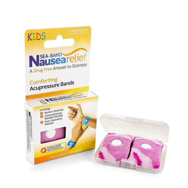 A box labeled Sea-Band for Children Pink (1 Pair) by Sea-Band displays two pink and white acupressure wristbands in a plastic case, offering drug-free motion sickness relief—perfect for kids while traveling.