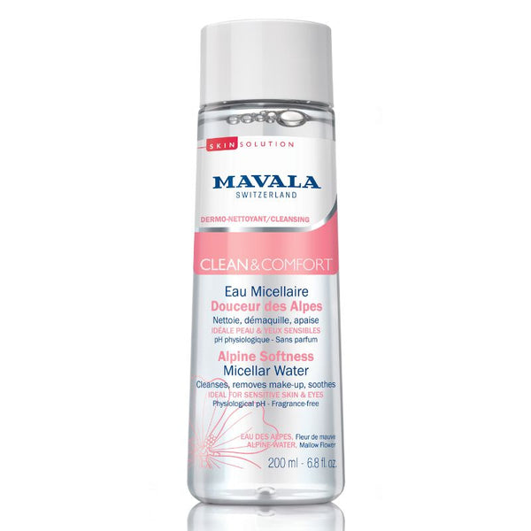 A clear 200ml bottle of Mavala Micellar Water Alpine Softness features a white and pink label with English and French text—perfect for sensitive skin.