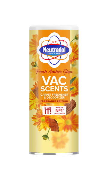 Neutradol Vac Scents Fresh Amber Glow Carpet Deodorizer (350g) features orange and yellow floral graphics on a light yellow background and delivers a long-lasting amber fragrance.