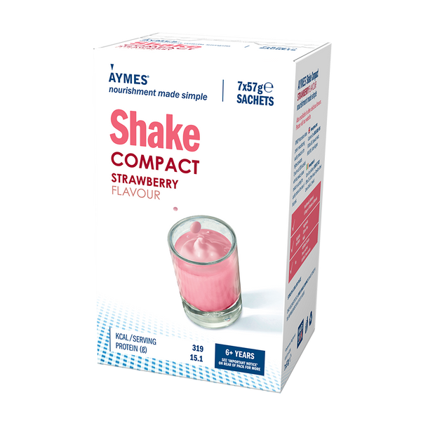 A white box of Aymes Shake Compact Strawberry (Pack of 7 x 57g) by Aymes, a nutritional supplement for ages 6+, provides 319 kcal and 15.1g protein per serving, designed to help with disease-related malnutrition.