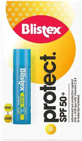 A vibrant blue and yellow Blistex Ultra SPF 50+ (4.25g) lip balm package image. This essential offers UVA/UVB defense and is enriched with vitamins C and E for maximum lip hydration.