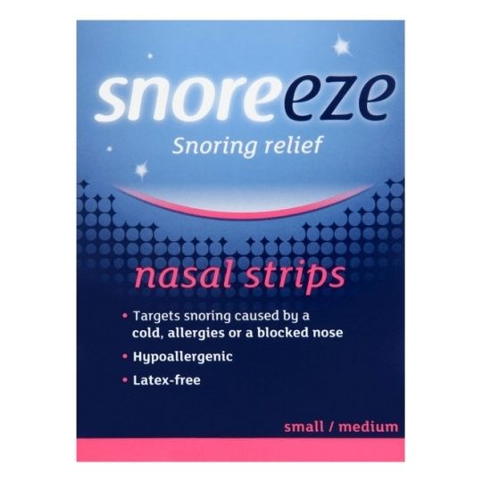 The Snoreeze Nasal Strips Small/Medium (10s) box in blue and pink provides targeted snoring relief by enhancing airflow, ideal for colds, allergies, or blocked noses. These strips are hypoallergenic and latex-free for optimal comfort.