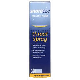 Snoreeze Throat Spray (14ml) 28 Nights features blue and white packaging with key phrases Snoring relief and Targets the main cause of snoring. Its natural formula lubricates tissues, remains effective for 8 hours, and provides up to 25 applications for restful nights.
