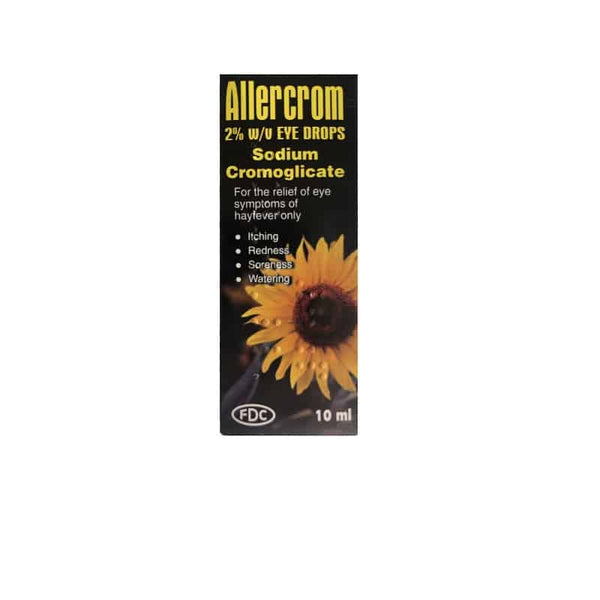 Sodium Cromoglicate 2% Allergy Eye Drops (10ml) by Brand May Vary relieve allergic conjunctivitis symptoms like itching, redness, soreness, and watering. Box may feature a sunflower design.