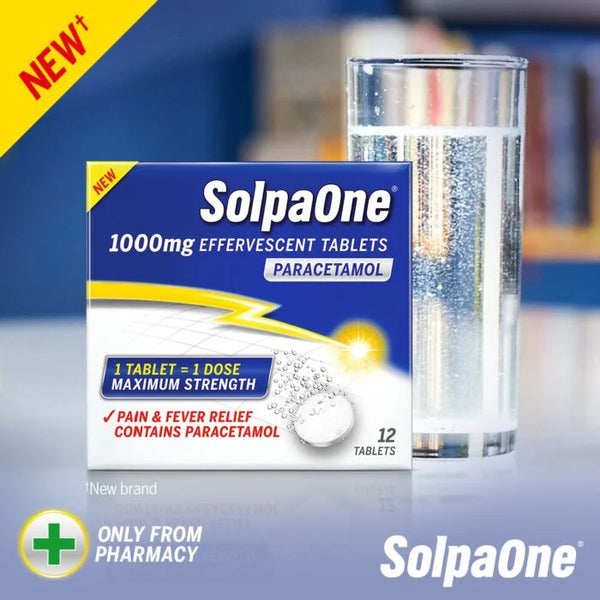 Image of a blue and white Solpadeine SolpaOne 1000mg box marked Effervescent Tablets Paracetamol beside a glass with a dissolving tablet. A New tag is at the top left. Fast absorption ensures relief, exclusively at pharmacies.