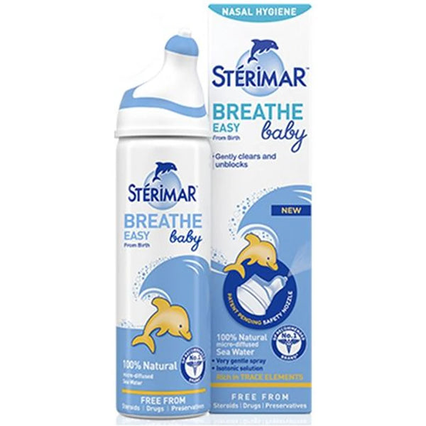 Sterimar Baby Nasal Hygiene Spray - 0-3 Years (50ml) by Sterimar features a blue & white dolphin design and contains 100% natural sea water, safe for babies, and free from steroids, drugs, and preservatives.