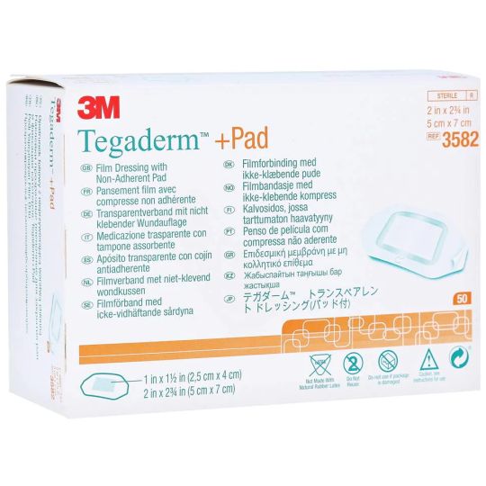 A box of 3M Tegaderm+pad Film Dressing with Non-Adherent Pad, waterproof and 5x7cm, includes multilingual packaging and dressing image. Count: 50, Item No: 3582.