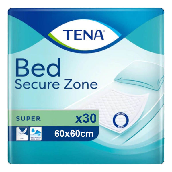 Tena Bed Secure Zone Super 60x60 (30 Pack) by Tena with bed image on blue and green packaging, plus icons highlighting softness, super absorbency, and secure zone technology.